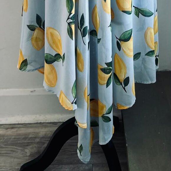Melanie Lyne Icy Blue Lemon Print Asymmetrical Overlay Chiffon Maxi Dress – US 2 - Picture 10 of 15